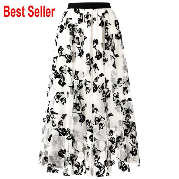 Dresses & Skirts - Midi Tulle Skirt with Floral Lace, High Waist, 3 Layers, Summer Casual